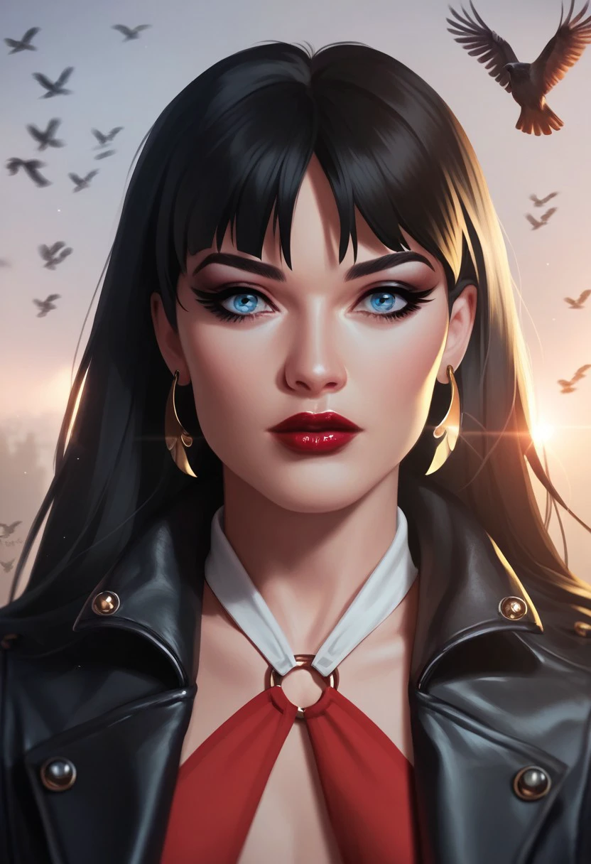 Vampirella, 1girl, solo, long hair,  blue eyes,  black hair, dress, leather jacket, red shirt, jewelry, earrings,  makeup, bird, lipstick, cinematic angle, cinematic lighting,  soft light BREAK ,score_9, score_8_up, score_7_up, score_6_up, score_5_up, score_4_up,