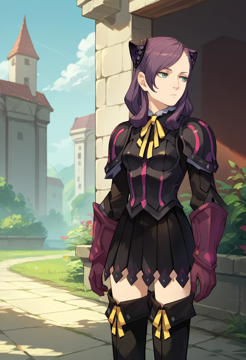 score_9, score_8_up, score_7_up, source_anime, solo, 1girl, eve belduke, expressionless, looking away, standing, purple hair, hairpods, green eyes, black armor, shoulder armor, yellow ribbon, neck ribbon, gloves, black skirt, black footwear, thigh boots, outdoors <lora:laytonVSpw_darklaw_ponyXL:1>