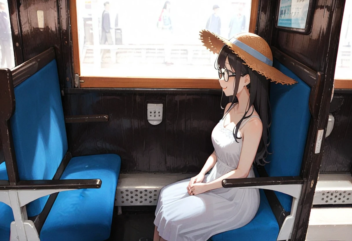 masterpiece, best quality, very aesthetic, absurdres,
1girl, solo, glasses, black hair, long hair, sundress, white dress, straw hat, bag, sitting, smile, looking at another, solo focus, from side,
oha35w, train interior, scenery, chair, sunlight, window, day, indoors,
<lora:oha35w_SDXL_V2:0.8>