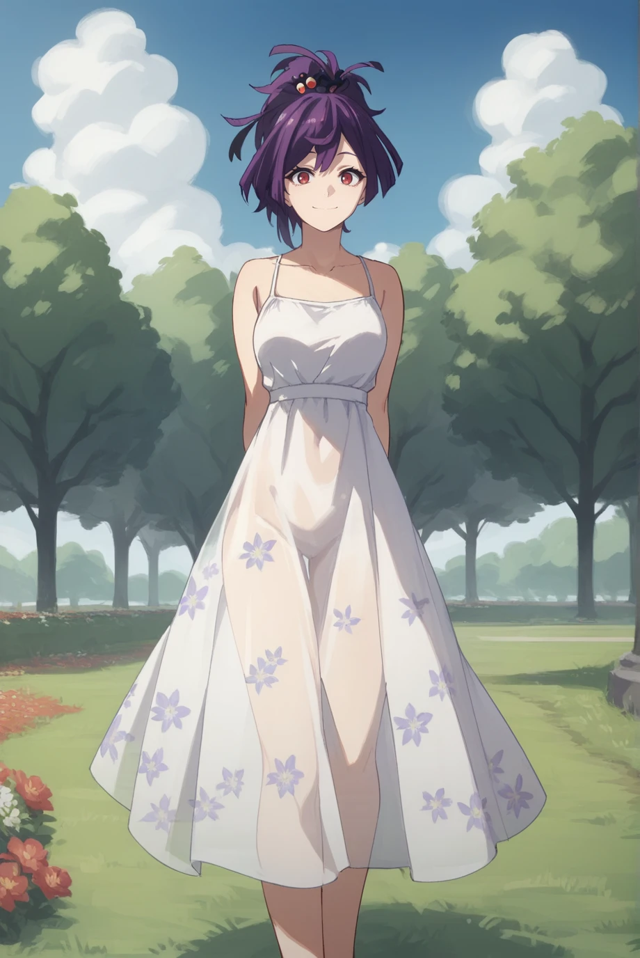 score_9, score_8_up, score_7_up, score_6_up, score_5_up, score_4_up, BREAK source_anime, 1girl, solo,
<lora:YuzurihaXL-v1-06:0.7>, ChopioYuzuriha, purple hair, medium hair, ponytail, hair ornament, red eyes, looking at viewer,
sun dress, floral print, bare shoulders,
outdoors, park, grass, flowers, blue sky, clouds,
standing, smile, arms behind back, see-through silhouette,