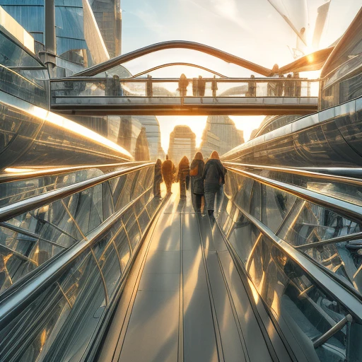 science fiction, railing, sunlight, from behind, day, building, bridge, crowd