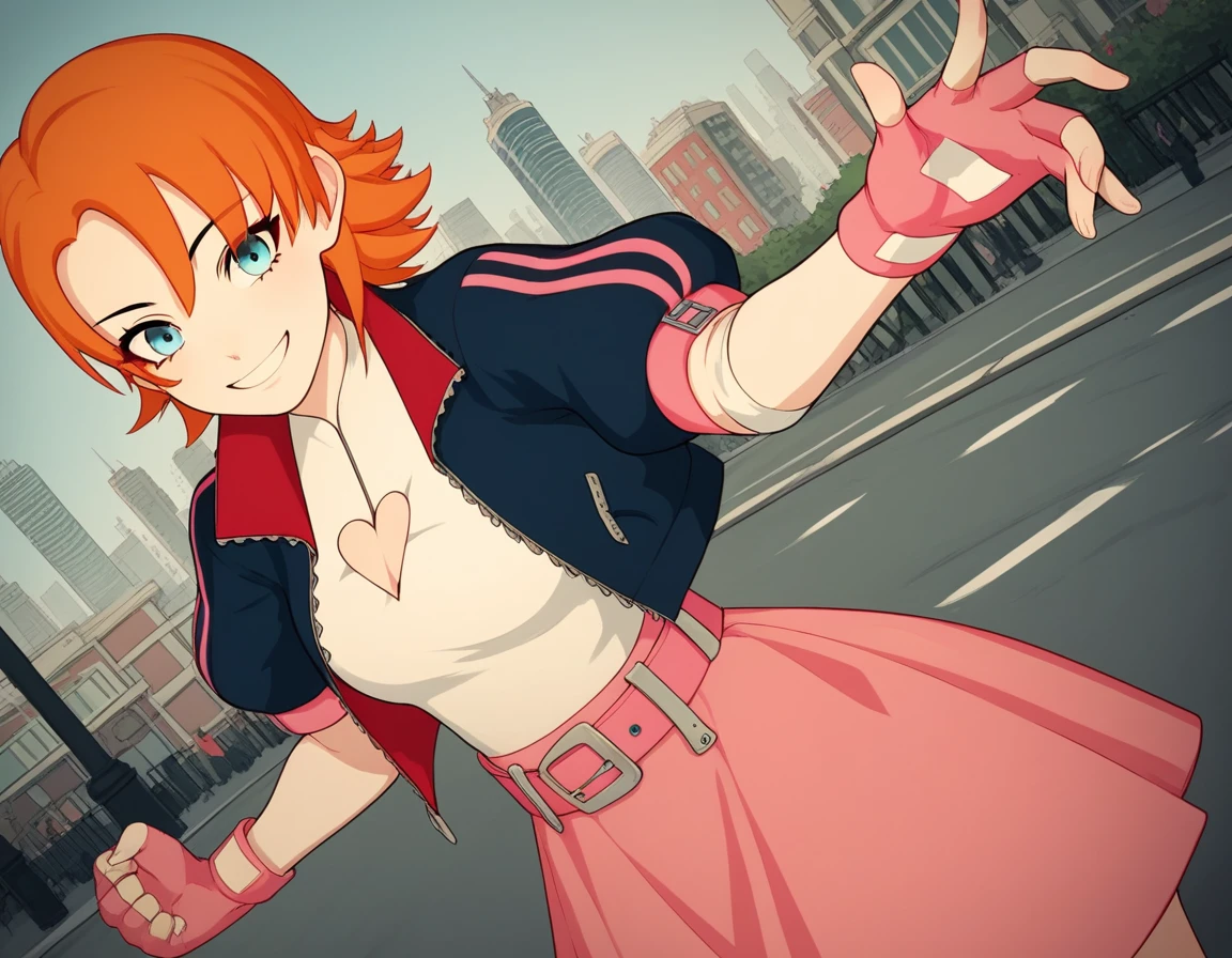 score_9, score_8_up, score_7_up, source_anime, <lora:nora-valkyrie-ponyxl-lora-nochekaiser:1>, nora valkyrie, blue eyes, medium hair, orange hair,, skirt, shirt, gloves, jacket, short sleeves, open clothes, puffy sleeves, belt, fingerless gloves, open jacket, puffy short sleeves, clothing cutout, cleavage cutout, pink skirt, pink gloves, heart cutout, cityscape, street, bent over, smile, looking at viewer, solo, cowboy shot, dutch angle