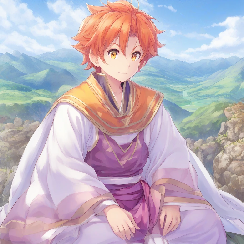 mana_sk, 1boy, solo, villain, valley in background, short hair, orange hair, portrait, looking at the viewer, ( focus on face:1.2), smile, robe, shima rin, single bare shoulder, sitting, white robe, yurucamp, zzzzkuzi zizi kazumiya, yellow eyes, zipper pull tabard, zipper pull tabard, zipper pull tabard, zoom layer, zirorong