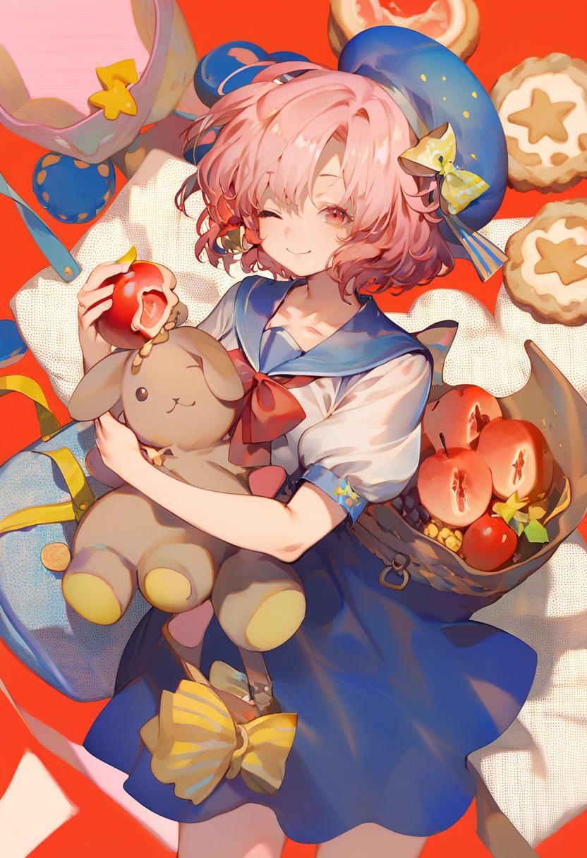 score_9, score_8_up, score_7_up, score_6_up <lora:reiXL_AutC_lokr_V43P1:0.95> 1girl, food, apple, fruit, red eyes, bow, hat, smile, red bow, holding, beret, blue skirt, red background, white shirt, blue headwear, looking at viewer, skirt, shirt, hair bow, closed mouth, yellow bow, solo, short sleeves, bag, arima kana, cookie, hat bow, holding food, medium hair, red hair, one eye closed, stuffed toy, short hair, red apple, pie, sailor collar, dress, polka dot, holding fruit, pink hair, polka dot background, blue sailor collar, inverted bob, stuffed animal, hugging object, blue dress, puffy sleeves, bob cut, puffy short sleeves