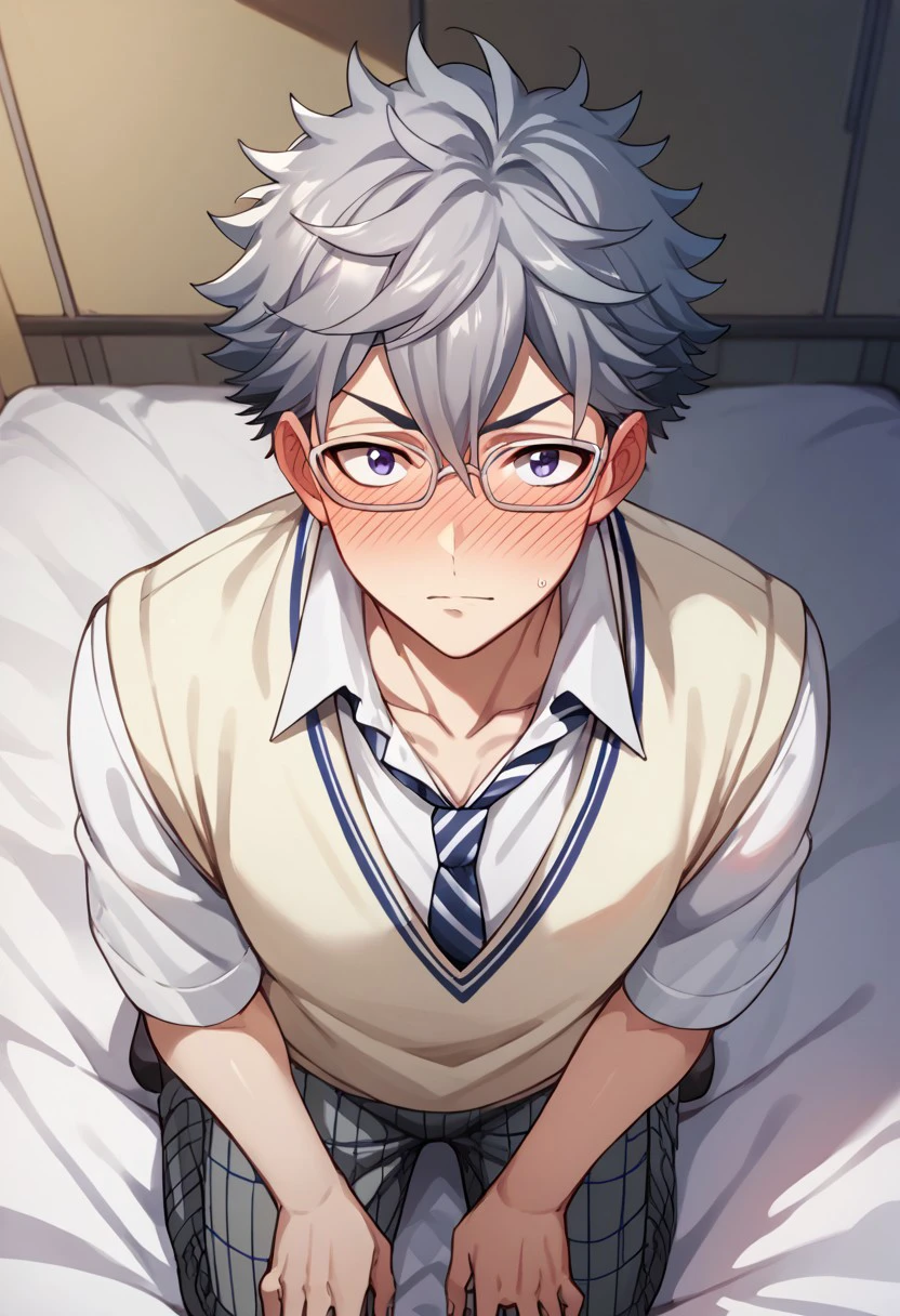 score_9, score_8_up, score_7_up, source_anime, rating_questionable, Ushinin, 1boy, male focus, glasses, full face blush, school uniform, striped blue necktie, light yellow sweater vest, kneeling, plaid grey pants, hands with five fingers, collarbone, looking at viewer,