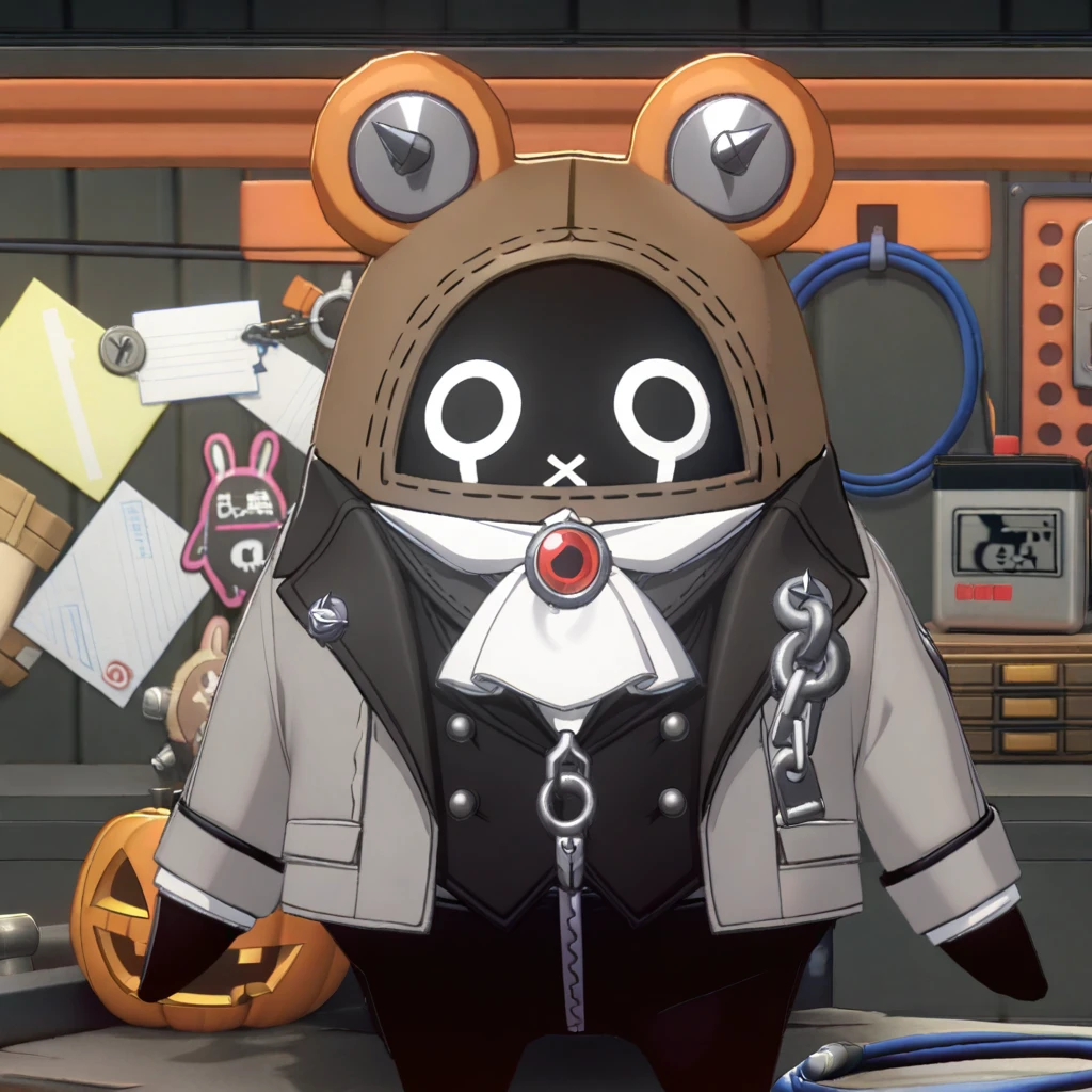1other, 
doll, stuffed toy, no humans, solo, standing, jack-o'-lantern, grey jacket, open clothes, animal head, tape, shirt, vines, halloween, white shirt, black vest, upper body, ascot, letter opener, teddy bear, open coat, jewelry, vest, screw, looking at viewer, ring, white ascot, object through head, zipper, screw in head, coat, chain, brooch, stuffed animal, 
masterpiece, best quality
 <lora:XL_bangboo_(zenless_zone_zero) (a3.1)-000014:1>