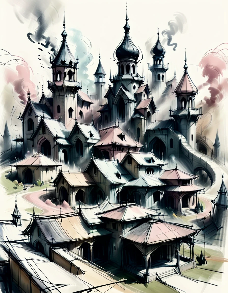 scribble, croquis, pastel complex shaped architecture in a eerie scenery at noon, smoke