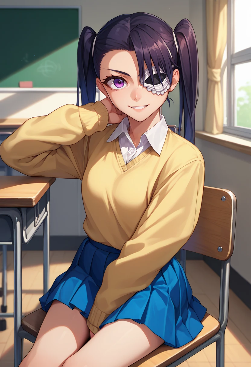 score_9, score_8_up, score_7_up, source_anime, solo, 1girl, aivirrne, smile, looking at viewer, sitting, chair, twintails, eyepatch, yellow sweater, long sleeves, white shirt, collared shirt, blue skirt, pleated skirt, indoors, classroom <lora:bleach_lolyaivirrne_ponyXL:1>