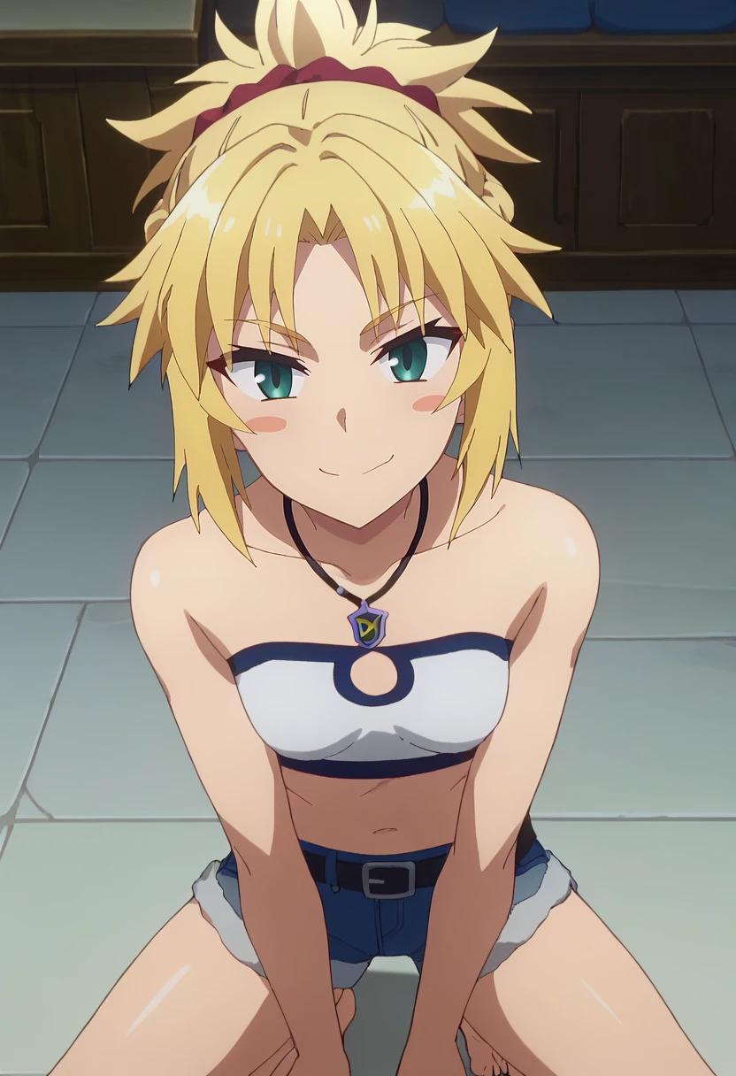 score_9, score_8_up, anime screencap, anime coloring, 
<lora:FateApocrypha_MordredXL:0.8>, MordredFA,
1girl, smile, blush stickers,
blonde hair, ponytail, parted bangs, red scrunchie, green eyes, french braid,
MordredCasual, necklace, white shirt, crop top, small breasts, clothing cutout, short shorts, denim, fur trim, black belt,
standing, looking at viewer, kneeling, spread legs,
indoors