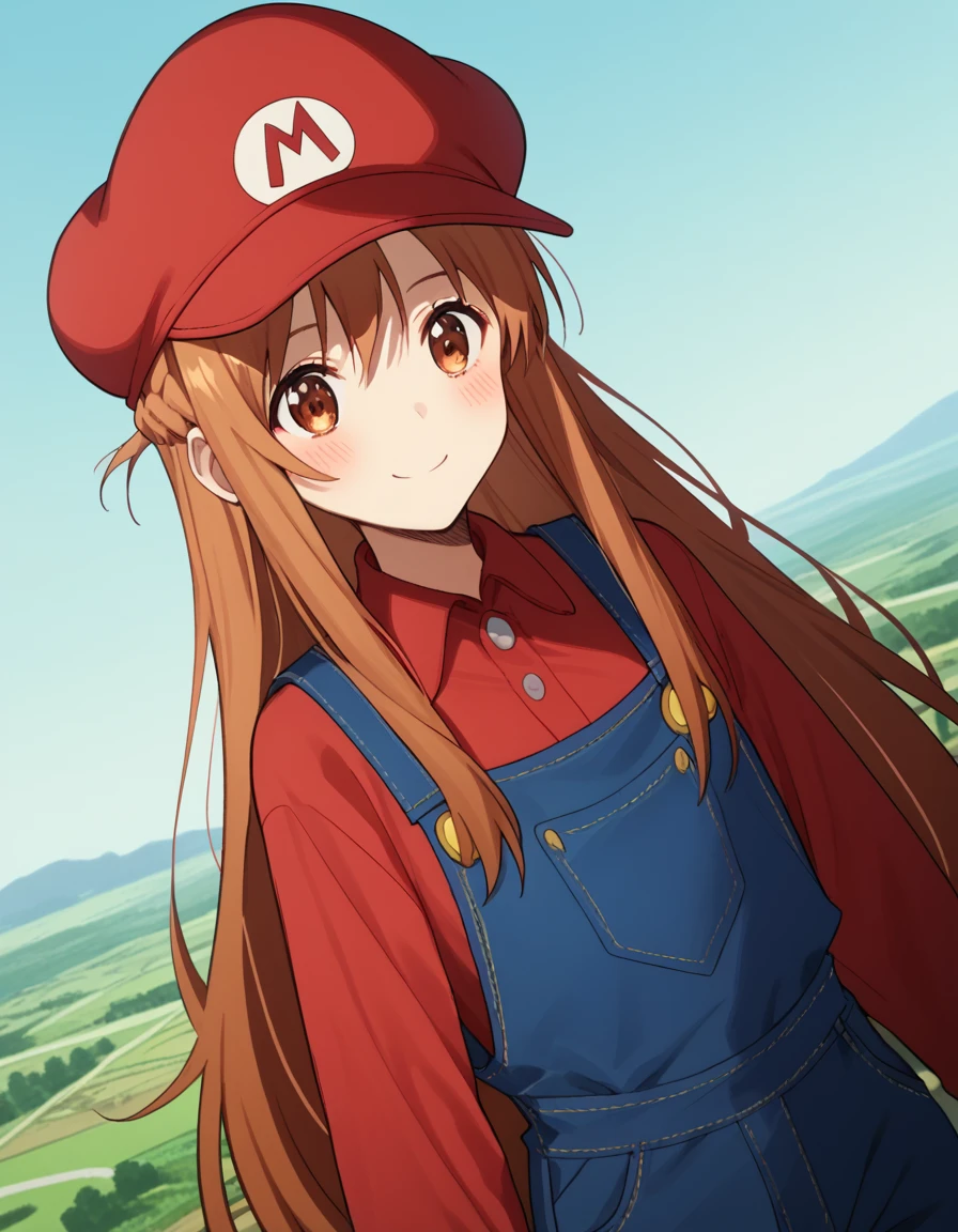 score_9, score_8_up, score_7_up, source_anime, asunayuuki, <lora:asuna-yuuki-s1-ponyxl-lora-nochekaiser:1>, asuna yuuki, long hair, brown hair, brown eyes,, <lora:mario-cosplay-ponyxl-lora-nochekaiser:1>, mariocosplay, mario \(cosplay\), blue overalls, overalls, shirt, red shirt, long sleeves, collared shirt, hat, red hat,, landscape, blush, smile,, cowboy shot, dutch angle, solo,