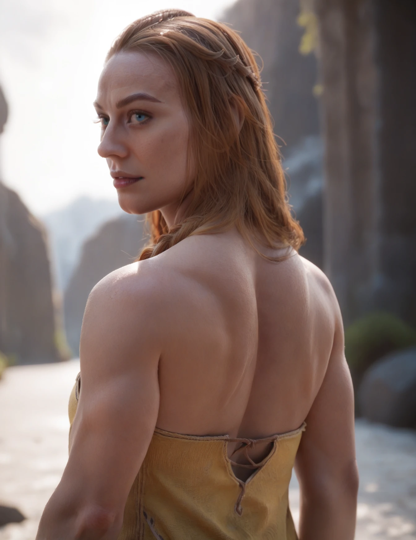 <lora:LaufeyGOWR:0.8> l4ufey,1girl, upper body image, blue eyes, sleeveless, back view, athletic, score_9, score_8_up, score_7_up, score_6_up