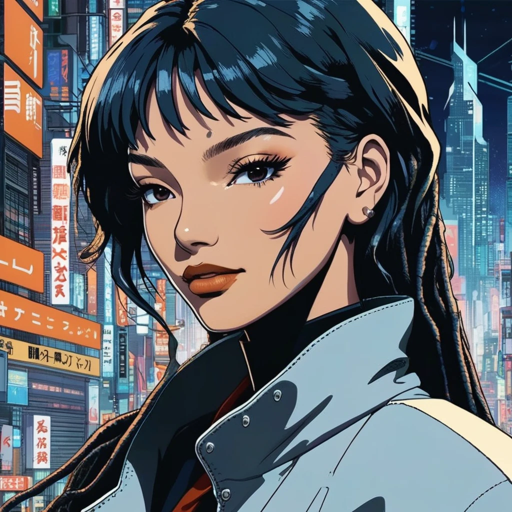 ((90s Anime style illustrattion)) drawing of a closeup on face of woman wearing a long matrix coat,futuristic city in the background, akira, 2D,  halxbailey,   <lora:halbailey_juggerX_xl_1_st_woc_merger_50_127_03_07-halxbailey:1>