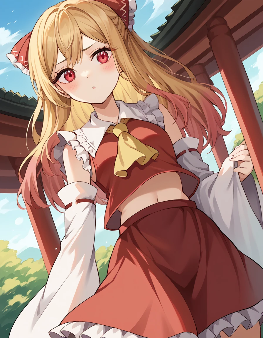 score_9, score_8_up, score_7_up, source_anime, marinkitagawa, <lora:marin-kitagawa-ponyxl-lora-nochekaiser:1>, marin kitagawa, long hair, bangs, blonde hair, red eyes, multicolored hair,, <lora:hakurei-reimu-cosplay-ponyxl-lora-nochekaiser_r1:1>, hakureireimucosplay, hakurei reimu \(cosplay\), ascot, bare shoulders, detached sleeves, frilled bow, frilled shirt collar, frilled skirt, frills, midriff peek, red skirt, red shirt, sleeveless, sleeveless shirt, white sleeves, yellow ascot,, shrine, outdoors, blush,, cowboy shot, dutch angle, solo,