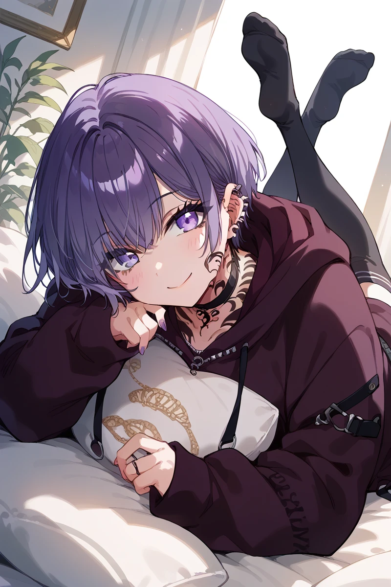 score_9, score_8_up, score_7_up, score_6_up, 1girl, solo,
<lora:Sophia:0.9> sophia, piercing, hoodie, purple eyes, tattoo, on stomach, ear piercing, lying, hood, thighhighs, looking at viewer, jewelry, smile, short hair