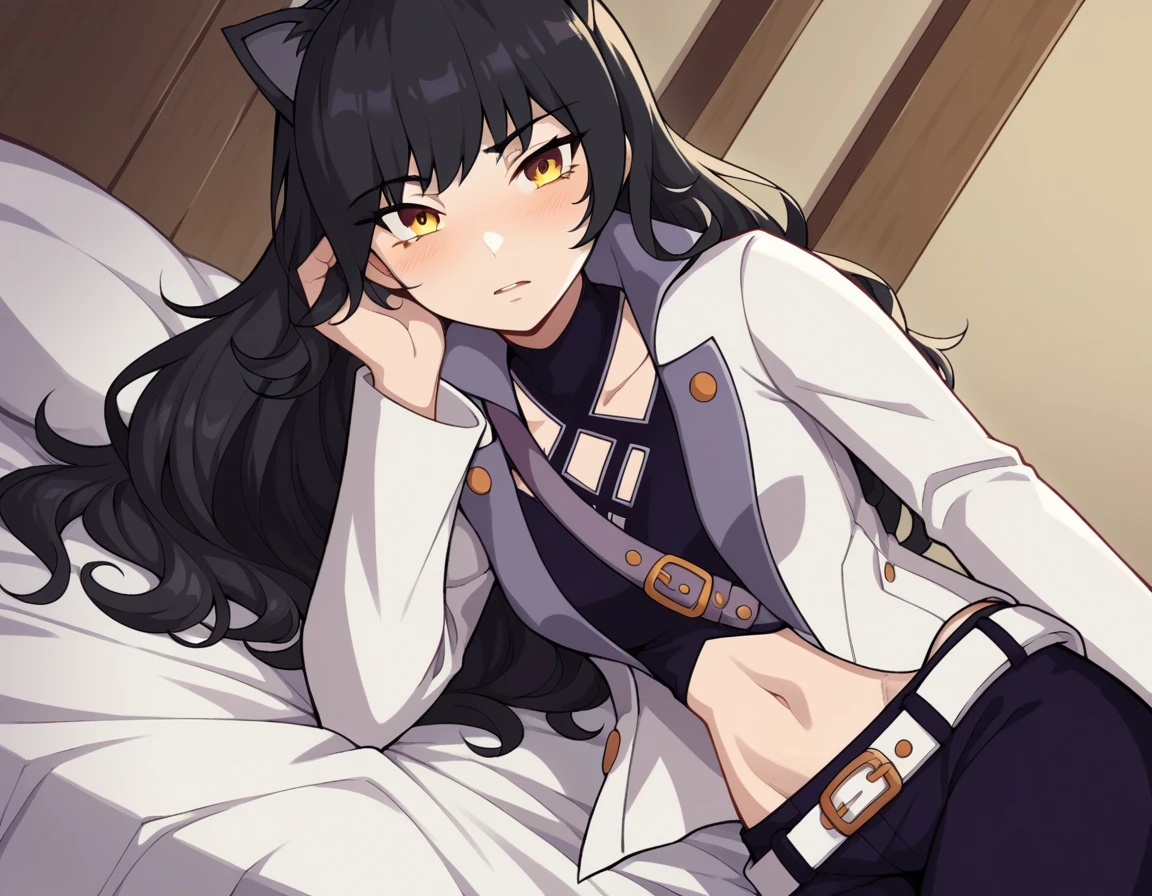score_9, score_8_up, score_7_up, source_anime, <lora:blake-belladona-ponyxl-lora-nochekaiser:1>, blake, blake belladonna, long hair, black hair, yellow eyes, bow, hair bow, black bow, long hair, bangs,, navel, midriff, belt, jacket, white jacket, long sleeves, open clothes, halterneck, criss-cross halter, pants, black pants, bangs, animal ears, cat ears,, indoors, bed, bed room, on side, blush, drunk, looking at viewer, solo, cowboy shot, dutch angle