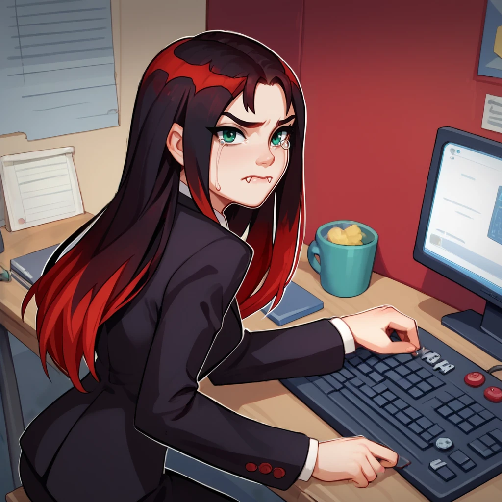 score_9,score_8_up,score_7_up,perfect anatomy,source_anime,
1girl,solo,<lora:wer (10):1>,thorn(character),business suit,black hair,red hair,red highlights,long hair,green eyes,closed mouth,fangs,looking at viewer,sitting at desk,typing on keyboard \(computer\),indoors,cubicle,sad,crying with eyes open,from side,