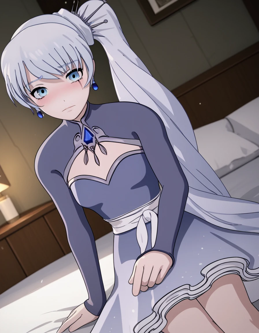weissschnee, <lyco:weissschnee-lyco-nochekaiser:1>,
weiss schnee, long hair, blue eyes, hair ornament, ponytail, white hair, side ponytail, scar, tiara, scar on face, scar across eye,
BREAK dress, jewelry, earrings, blue dress,
BREAK indoors,
BREAK looking at viewer, (cowboy shot:1.5),
BREAK <lora:GoodHands-beta2:1>, (masterpiece:1.2), best quality, high resolution, unity 8k wallpaper, (illustration:0.8), (beautiful detailed eyes:1.6), extremely detailed face, perfect lighting, extremely detailed CG, (perfect hands, perfect anatomy),