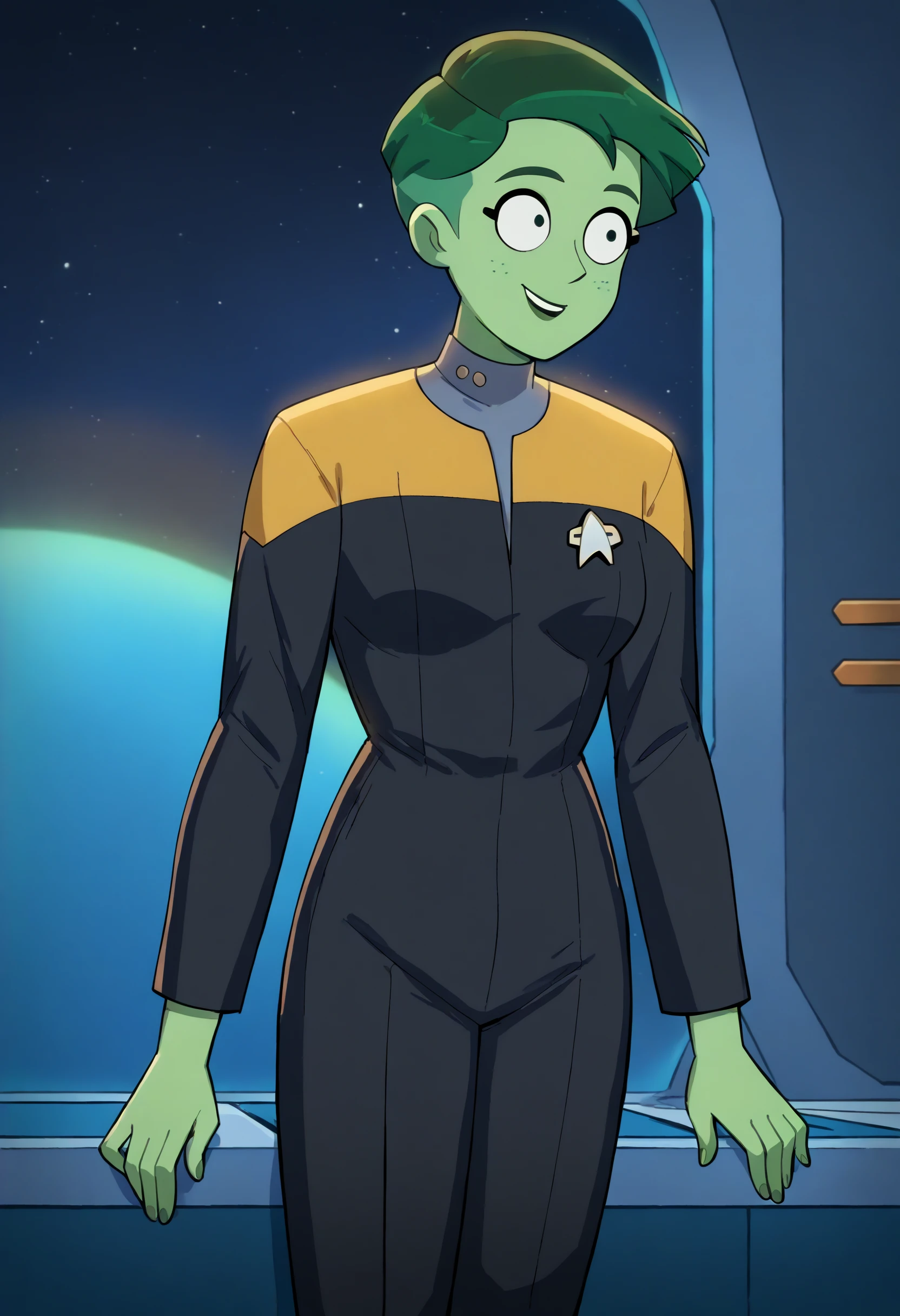 score_9, score_8_up, score_7_up, Tendi, 1girl, solo, green skin, short hair,green hair, in a starship, smiling, <lora:Tendi_-_Star_Trek_Lower_Decks:1.0>
(voyunf, yellow star trek uniform,yellow shoulders,long black sleeves,black pants,black jumpsuit,grey Vneck,grey middle),
<lora:VoyPony>