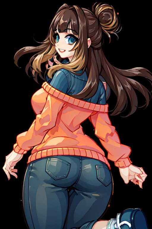 peanutcrushcrush, solo, 1girl, blue eyes, blue shirt, orange shoulder sweater, pants, brown hair, multicolored hair, long hair, single hair bun, thick thighs, simple background, blank background, looking back at viewer, ass, HD, 4K