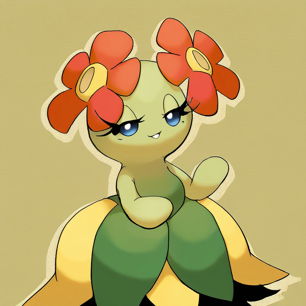 score_9, rating_safe, solo, pokemon (creature), no humans, hair flower, red flower, skirt, blue eyes, bald, half-closed eyes, smile, hand up, parted lips, smug, eyelashes,