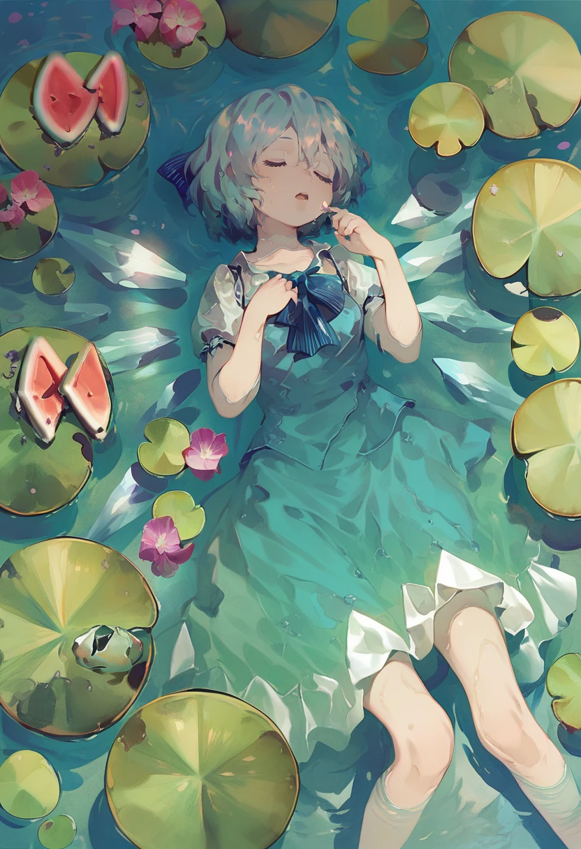score_9, score_8_up, score_7_up, score_6_up <lora:reiXL_AutC_lokr_V43P1:0.95> 1girl, cirno, solo, blue hair, closed eyes, short hair, blue bow, wings, short sleeves, bow, watermelon, ice, flower, water, skirt, ice wings, fruit, food, shirt, hair bow, puffy sleeves, lying, partially submerged, puffy short sleeves, blue skirt, blue vest, on back, open mouth, lily pad, wet clothes, album cover, vest, feet out of frame, white shirt, bowtie, wet, frog, pink flower, blue dress, ribbon, skirt set, hair between eyes, dress, afloat, blue shirt