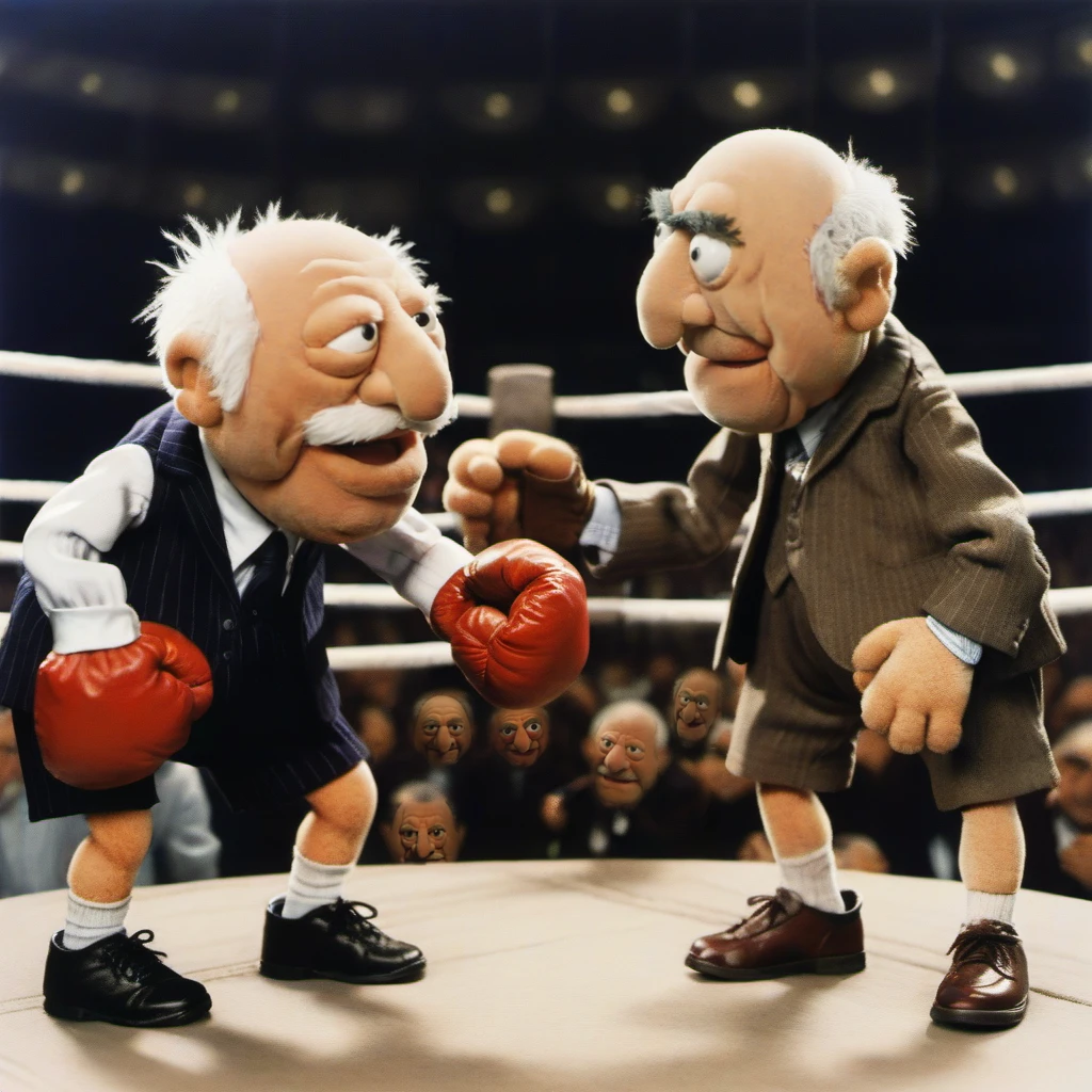 2 old bald muppets, in shorts and ((boxing gloves)) on a ring, crowded stadium, boxe match <lora:StatlerWaldorf1024-000120:0.8>