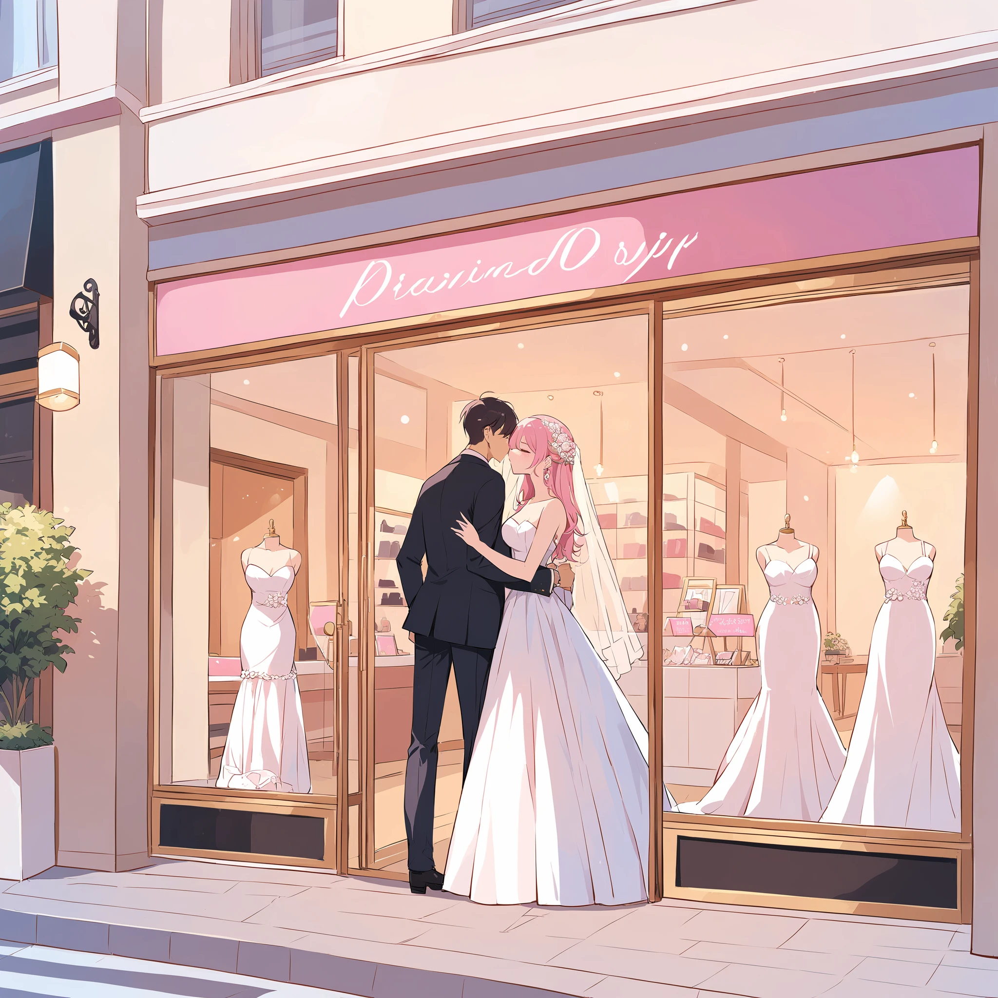 <lora:storefront_XL:0.6>,storefront,best qualtiy,masterpiece,bridal shop,gorgeous wedding dress,a man and a woman are kissing at the door,elegant decoration style,pink sign,