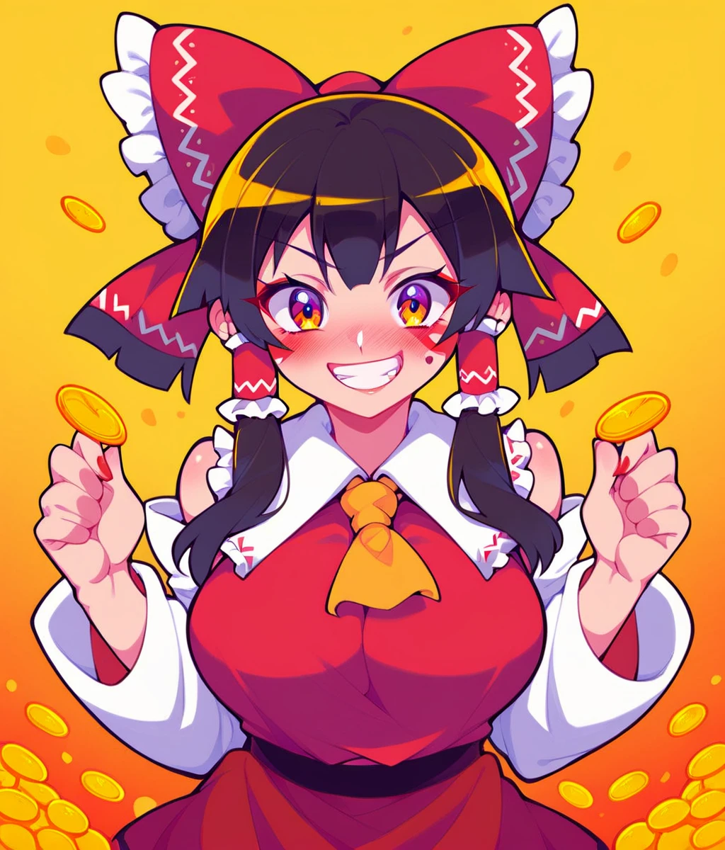 Score_9,score_8_up,score_7_up,solo,1girl,big breasts,curvy,blush,grin,kind_smile,looking at viewer,crazy smile,(with the gold coin),hakurei reimu \(cosplay\),cartoonized,gradient background,<lora:Style_Muse_Dash:0.7>,