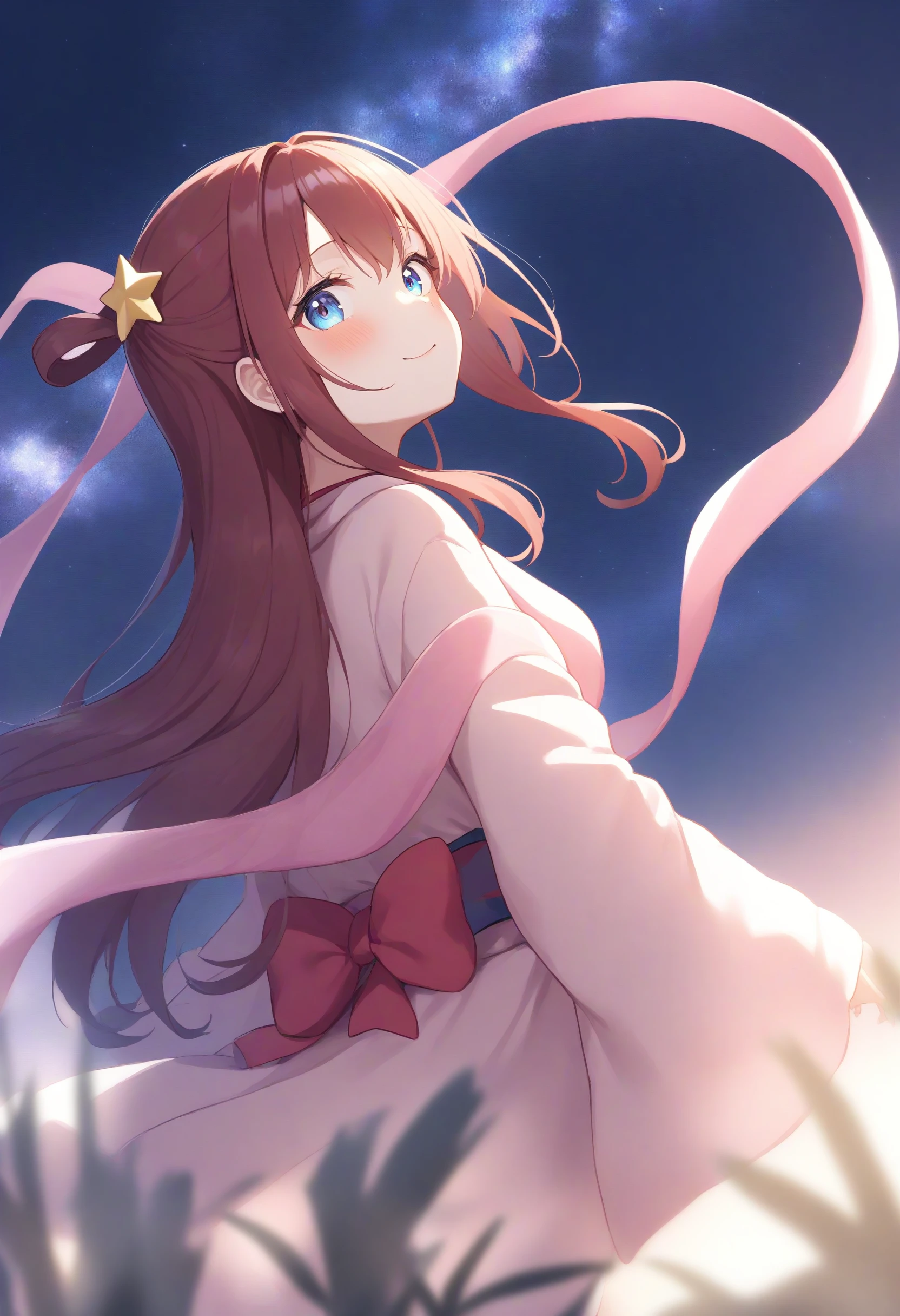 1girl,sincos, ningen mame, toosaka asagi,solo,medium breasts,
orihime, hair rings, hair ornament, shawl, japanese clothes, tanabata, hagoromo, long sleeves, wide sleeves, sash, kimono, star (sky), night,bamboo,tanzaku, <lora:orihime_XL_v1:1.0>
from behind, upper body, looking up, red hair, blue eyes,seductive smile,  closed mouth, disheveled hair,,
best quality, very aesthetic, absurdres