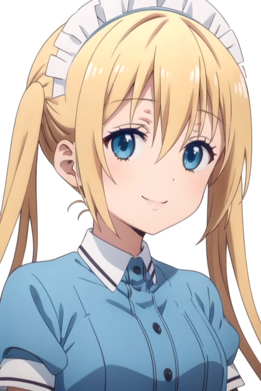 solo, 1girl, looking at viewer, 2D, anime, official style, anime coloring, anime screencap, upper body, (simple background, solid white background:1.3), <lora:kaho-blends:0.8>, kaho hinata, blue shirt, maid, maid headdress, smile