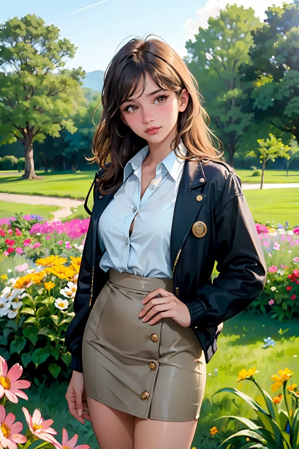 a photograph of (1girl, 19 years old, slight smile)>,<lora:ZH_Emikukis_v1:0.9>, zh_emikukis, solo, realistic, brown eyes, looking at viewer, wearing (jacket, button shirt, and pencil skirt)