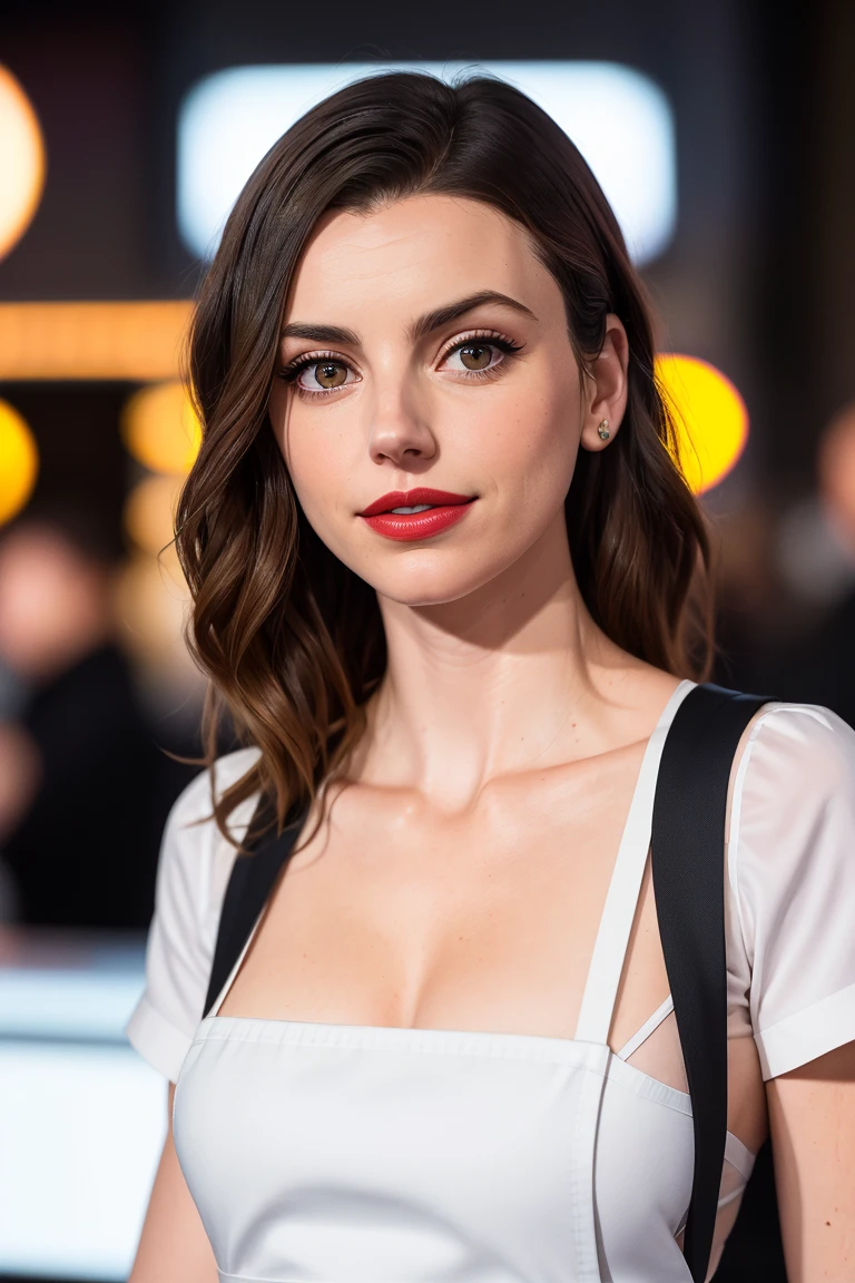 francescareale,((detailed skin, detailed face, detailed eyes, beautiful eyes)), ((red lipstick, blush, eye shadow, eyeliner, pale skin)), ,((red lipstick, blush, pale skin)),((detailed eyes, beautiful eyes, detailed face, beautiful face)), , photo of a woman, ((apron, shirt, waitress outfit, notepad, diner, sunrise)), slight smile