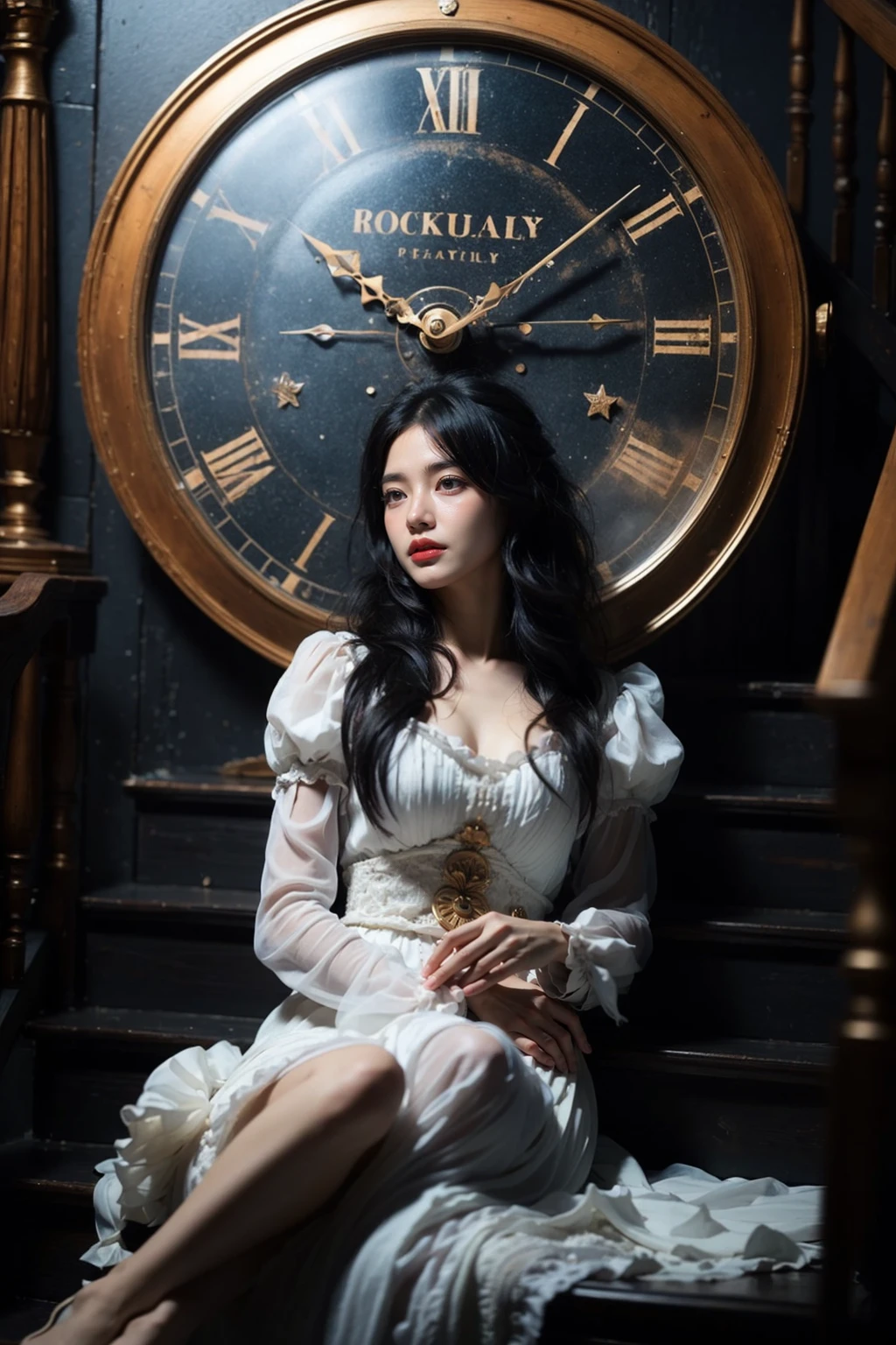 photorealistic,realistic,photography,masterpiece,best quality,ultra-detailed,extremely detailed CG unity 8k wallpaper,(reality: 1.4),1girl,solo,long hair,looking at viewer,black hair,long sleeves,dress,sitting,full body,barefoot,puffy sleeves,white dress,lips,stairs,realistic,clock,red lips,girl clock, <lora:JAY - Girl Clock:0.8>