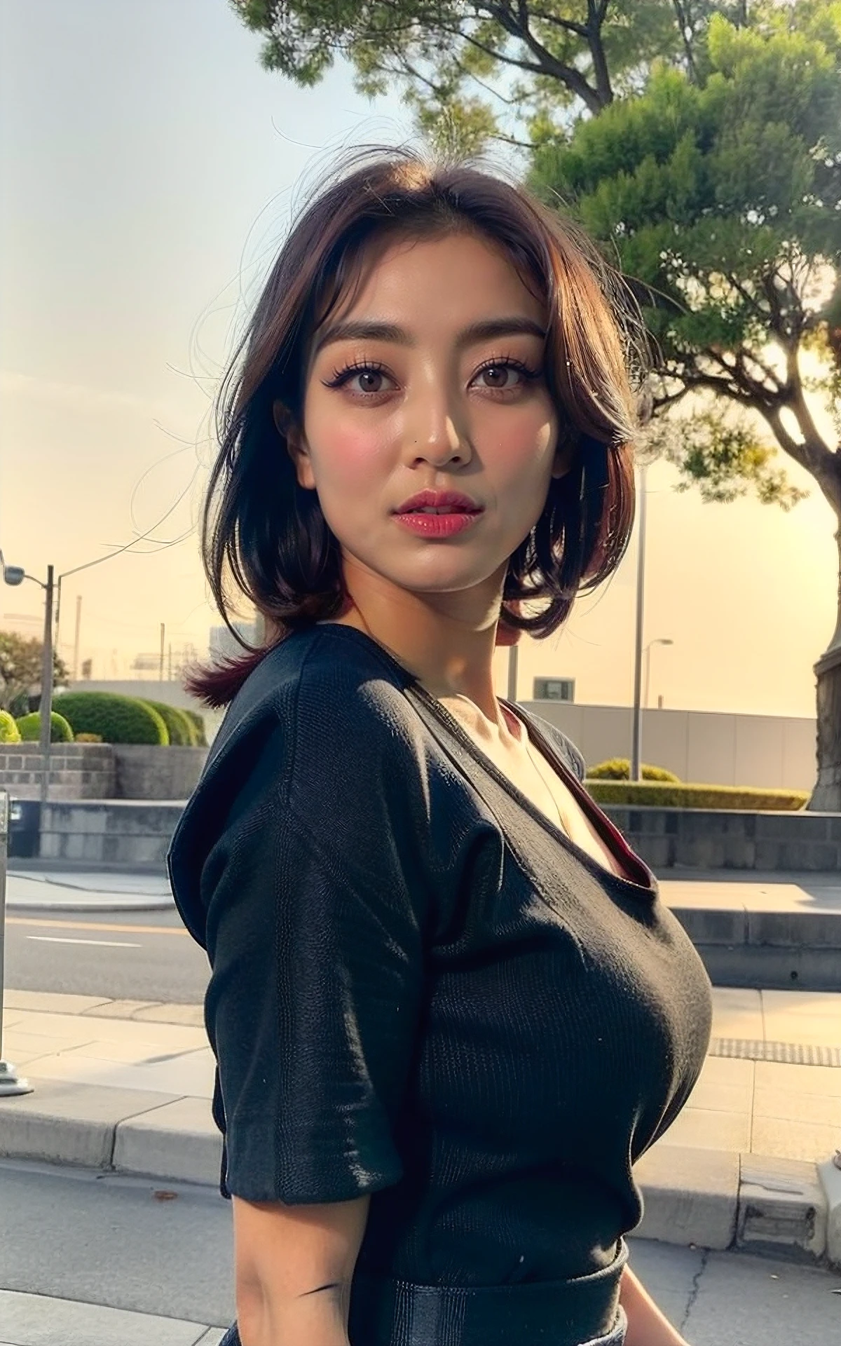 , (realistic), (hyperrealism), (photorealistic:1.4), 1girl, looking at the viewer, eye makeup, detailed eyes, detailed face, (upper body:1.2), detailed background, black dress, walking at the streets, sunset, (windy:1.2) <lora:Jihyo_V1:1> Jihyo_V1,