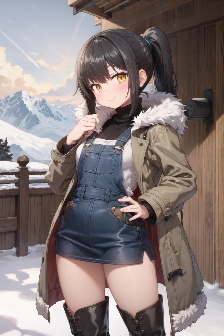 (masterpiece, best quality, beautiful and aesthetic:1.2), 1girl, solo,(soft skin:1.1),standing, cowboy shot,(detailed background), outside, snowstorm in the ice mountains, at dawn, winter clothes, (long overall coat:1.3), turtleneck sweater, (miniskirt:1.3), (long fur leggings:1.3),  (long leather boots:1.3), charming pose, seductive, smiling, yellow eyes, black hair, pony tail, 
<lora:sumiyao-10:0.7:lbw=ALL>