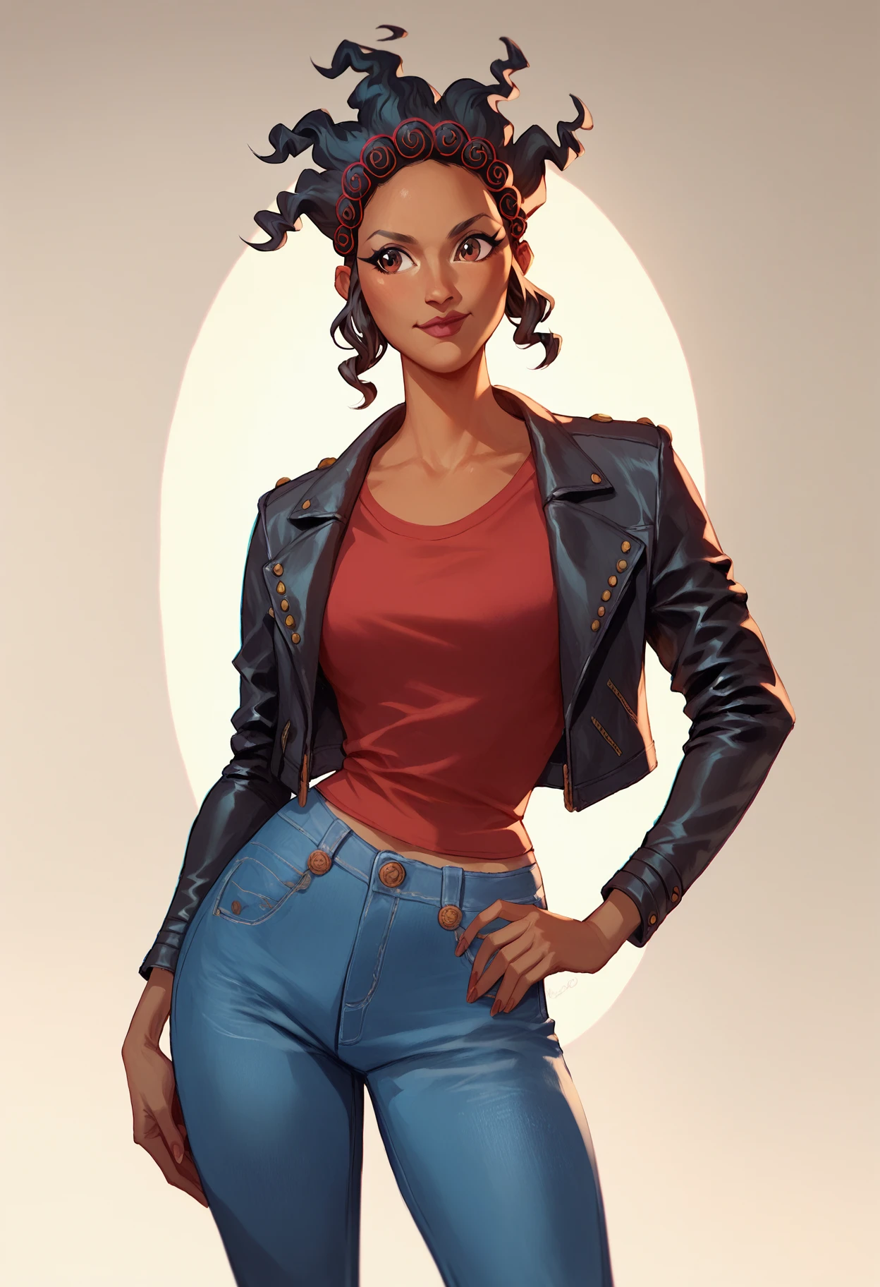 score_9, score_8_up, score_7_up, score_6_up, score_5_up, score_4_up, terpsichore, 1girl, brown eyes, black hair, leather jacket, red t-shirt, jeans