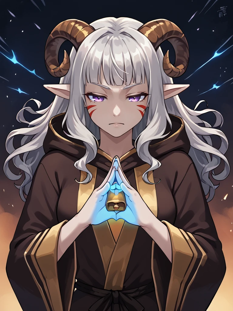 <lora:hand_gesture_æå°ìì¸:0.8> hand gesture,  source_furry, score_7_up, rating_safe, cowboy shot, gold necklace, tiefing, short pointed ears, brown horns, (a pair of brown sheep Horns that begin at her temples and curve back: 1.5), bangs, long silver hair long wavy hair, pale skin, <lora:whisker_markings:0.8>red whisker_markings, short pointy ears, purple eyes, <lora:age_slider_v4:0.6>   medium breasts, skinny female, close up, silver hair, <lora:Tieflingnew weird fantasyDND:0.3> Tiefling, pointed ears, horns, half-closed eyes<lora:Smooth Style 2 SDXL_LoRA_Pony Diffusion V6 XL:0.5> bell, robe, hood off,blue magic on hands, healing, fighting stance, dark sky, sapce stars,