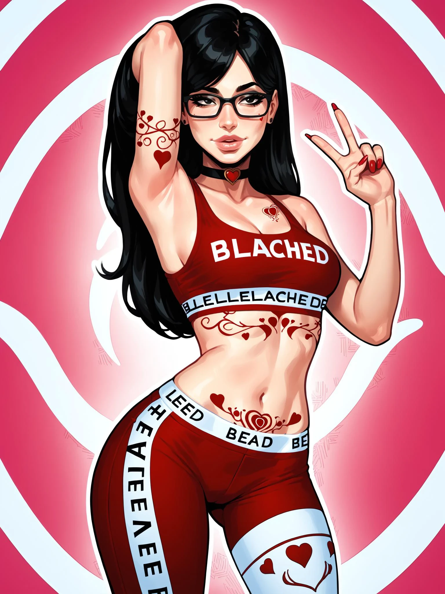 score_9, score_8_up, score_7_up, score_6_up, score_5_up, score_4_up,
BREAK
1girl, long hair, black hair, straight hair, black eyes, half-closed eyes, peace sign, black-framed eyewear, adult, thick lips, bimbo lips,
BREAK
solo, standing, cowboy shot, skinny, medium breasts, red yoga pants, red sports bra, black choker, arm up, armpit,
BREAK
white background, patterned background, bleached background, symbol background, bleached, red tattoo, vine tattoo, bleached tattoo, facial tattoo, qoh symbol, queen of hearts symbol, vine tattoo, leg tattoo, chest tattoo, pubic tattoo, bleachedwear, 