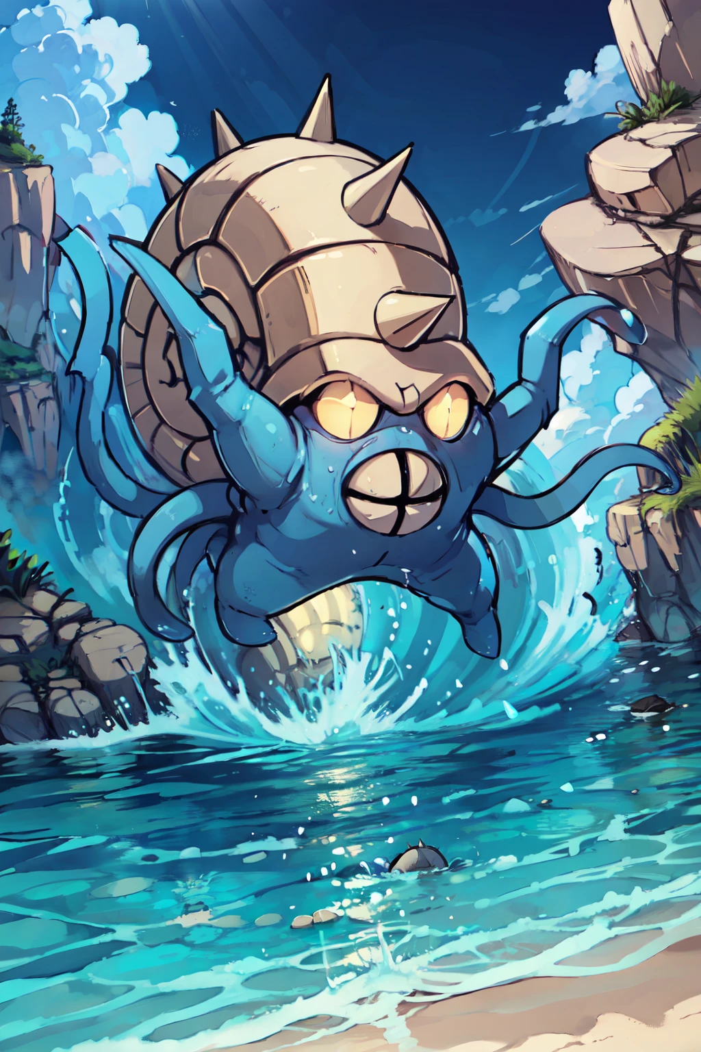 ((masterpiece,best quality)), absurdres,   <lora:OmastarPokemon:0.7>,  zzOmastar, full body, outdoors, sky, day, cloud, water, blue sky, ocean, rock, sand, glowing eyes, partially submerged