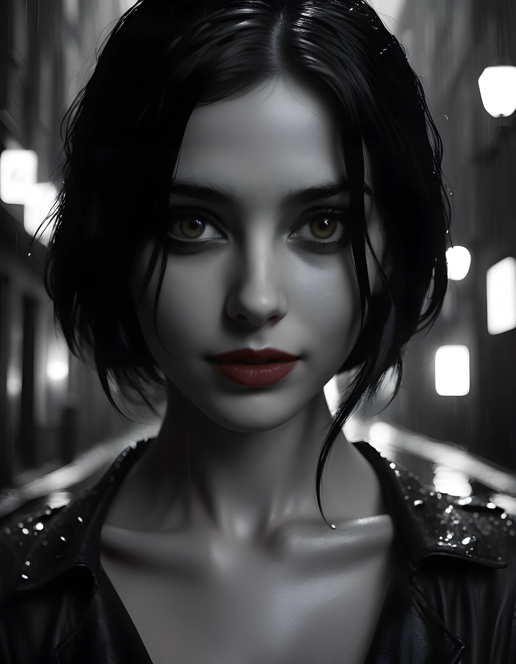 1girl, solo, looking_at_viewer, In a surreal noir-inspired scene, a sultry, black-and-white close-up image captures the enigmatic gaze of a striking woman, her raven-black hair cascading down her shoulders, framing her piercing brown eyes that seem to bore into your soul. Her crimson lips are pursed in a mysterious smile, and a single strand of hair falls seductively across one eye. The background is a dimly lit alleyway with raindrops shimmering on the cobblestones, casting an ethereal glow on her delicate features. The camera angle is low, looking up at her from below, emphasizing her commanding presence and creating an atmosphere of intrigue and longing.