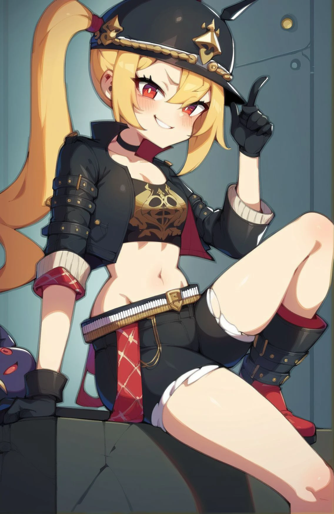 score_9, score_8_up, score_7_up, score_6_up, score_5_up, source_anime, rating_safe, vector, BREAK, 1girl, lucyzzz, black headwear, blonde hair, black boots, crop top, hat, helmet, long hair, looking at viewer, midriff, navel, red eyes, black shorts,sitting, solo, spade \(shape\), leather jacket, gloves, smirk, blush, side ponytail,  <lora:lucyzzzXL-fine:1>