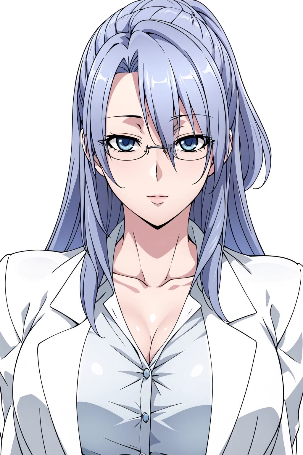 Simple Background,White Background,
dynamic pose,standing at attention,
White Jacket, Blue shirt, collarbone, cleavage, collared shirt, long sleeves, 
<lora:Ayame_Himuro_scienceLove-KK77-V1:0.7>,glasses, 
blue eyes, blue hair,bangs,Long hair,
<lora:more_details:0.1>,<lora:Oda_Non_Style-KK77-V2:0.3>,<lora:Sexy_AIart-KK77-V1:0.3>,
1 girl, 20yo,Young female,Beautiful long legs,Beautiful body,
Beautiful Nose,Beautiful character design, perfect eyes, perfect face,expressive eyes,perfect balance,
looking at viewer,(Focus on her face),closed mouth, (innocent_big_eyes:1.0),(Light_Smile:0.3),
official art,extremely detailed CG unity 8k wallpaper, perfect lighting,Colorful, Bright_Front_face_Lighting,White skin,
(masterpiece:1.0),(best_quality:1.0), ultra high res,4K,ultra-detailed,
photography, 8K, HDR, highres, absurdres:1.2, Kodak portra 400, film grain, blurry background, bokeh:1.2, lens flare, (vibrant_color:1.2),professional photograph,
(Beautiful,large_Breasts:1.4), (beautiful_face:1.5),(narrow_waist),