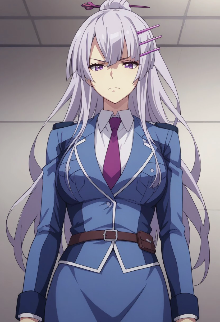 score_9, score_8_up, score_7_up, source_anime, highly detailed, 
Froleytia, 1girl, solo, necktie, standing, skirt, belt, collared shirt, long hair, hair ornament, shirt, purple necktie, bangs, blue skirt, closed mouth, jacket, looking at viewer, long sleeves, purple eyes, blue jacket, upper body, breasts, 
indoor,