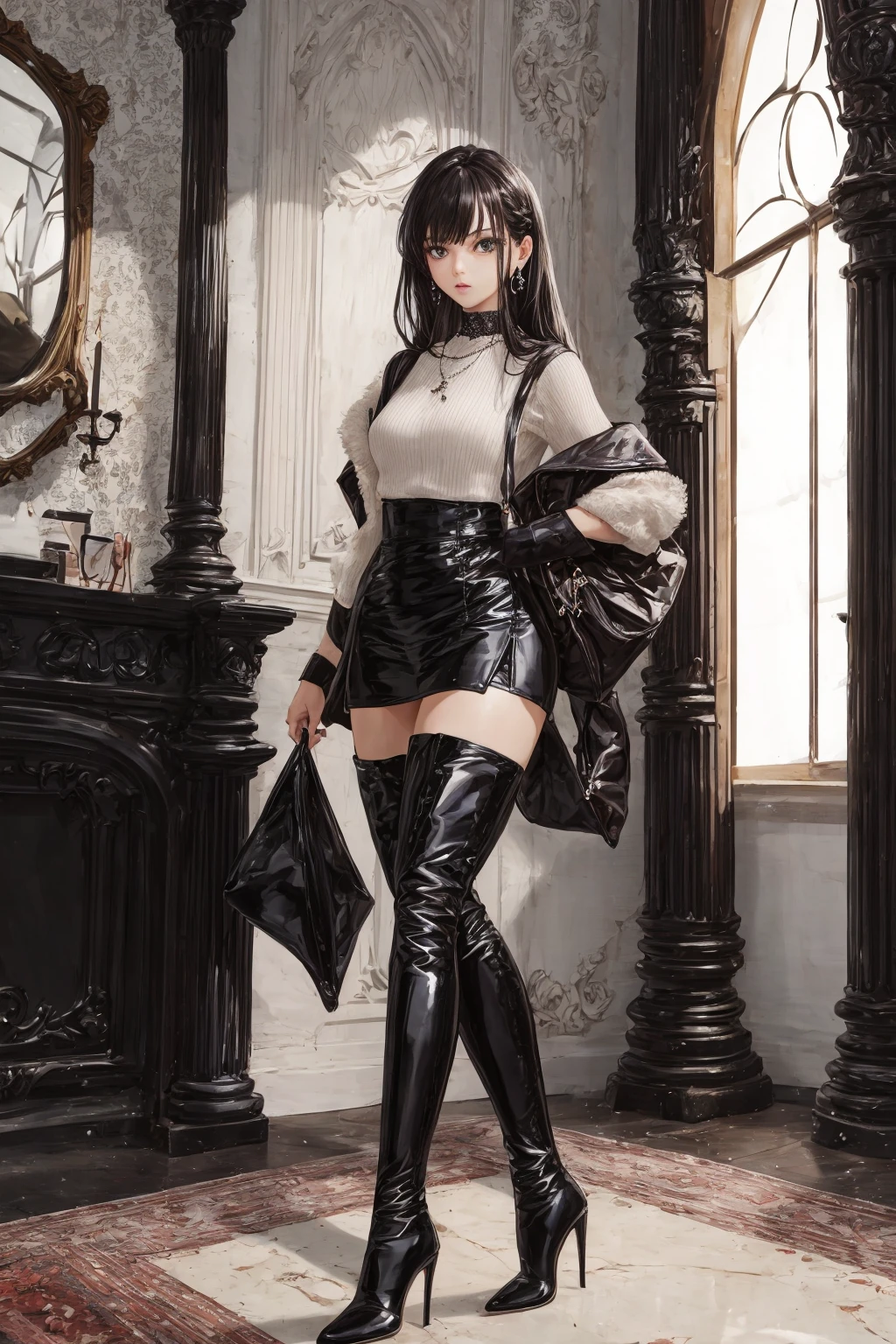 absurdres,1girl,(masterpiece:1.2),(best quality:1.2),highly detailed,4K,solo,indoors,looking at viewer,LONG HAIR,black hair,detailed eyes,high-waist_skirt,<lora:hkb1:0.7>,thigh boots,high heel boots,black footwear,black eyes,jewelry,