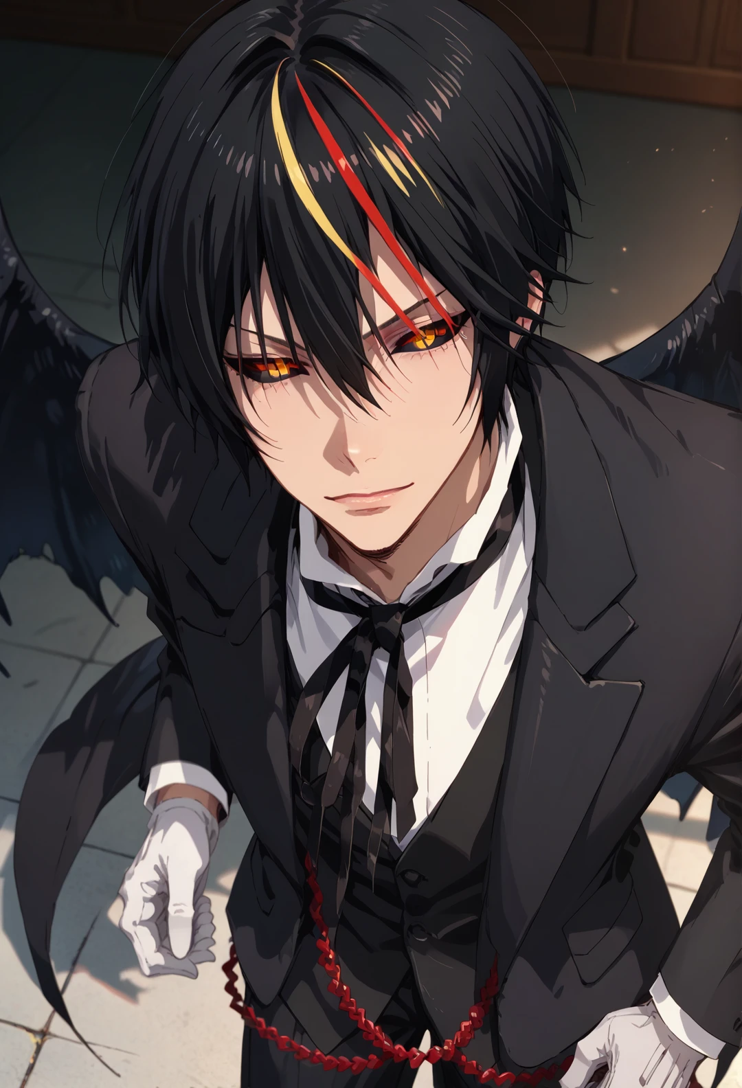 score_9, score_8,  score_7, score_6_up, score_5_up, from above, 1boy, male focus, solo, black hair, streaked hair, black sclera, multicolored hair, formal, suit, red hair, blonde hair, looking at viewer, hair between eyes, shirt, necktie, white shirt, collared shirt, yellow eyes, black jacket, slit pupils, chain, gloves, pants, white gloves, wings, detailed eyes, (((close portrait, face focus))).
<lora:Sinozick_Style_XL_Pony:0.2>,  <lora:DefaultZ17:0.2>,  <lora:style1:0.2>, <lora:flyx3_XL_PONY:0.2> <lora:pixivtext2:0.2>, <lora:K3R4X_Portraits:0.45>, <lora:Noir-Diablo-Pony:1> noirdiablo,