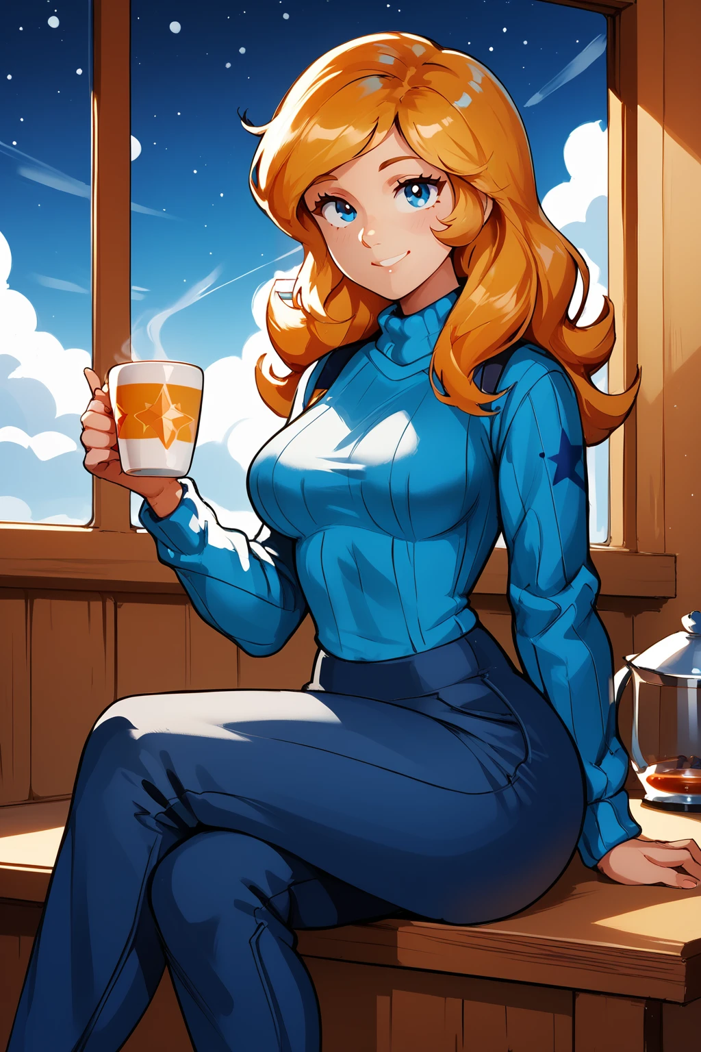 score_9, score_8_up, score_7_up, masterpiece, high quality, BREAK
 <lora:Joan LandorPonyLoRA:0.8>long hair, joanl, blue sweater, wide pants, sitting in a spacestation holding a cup of tea, big window, space (sky) stars (sky), smile
 <lora:Multiplylayer stylePonyLyco:1> 1girl, hetero, uncensored, looking at viewer, solo, breasts