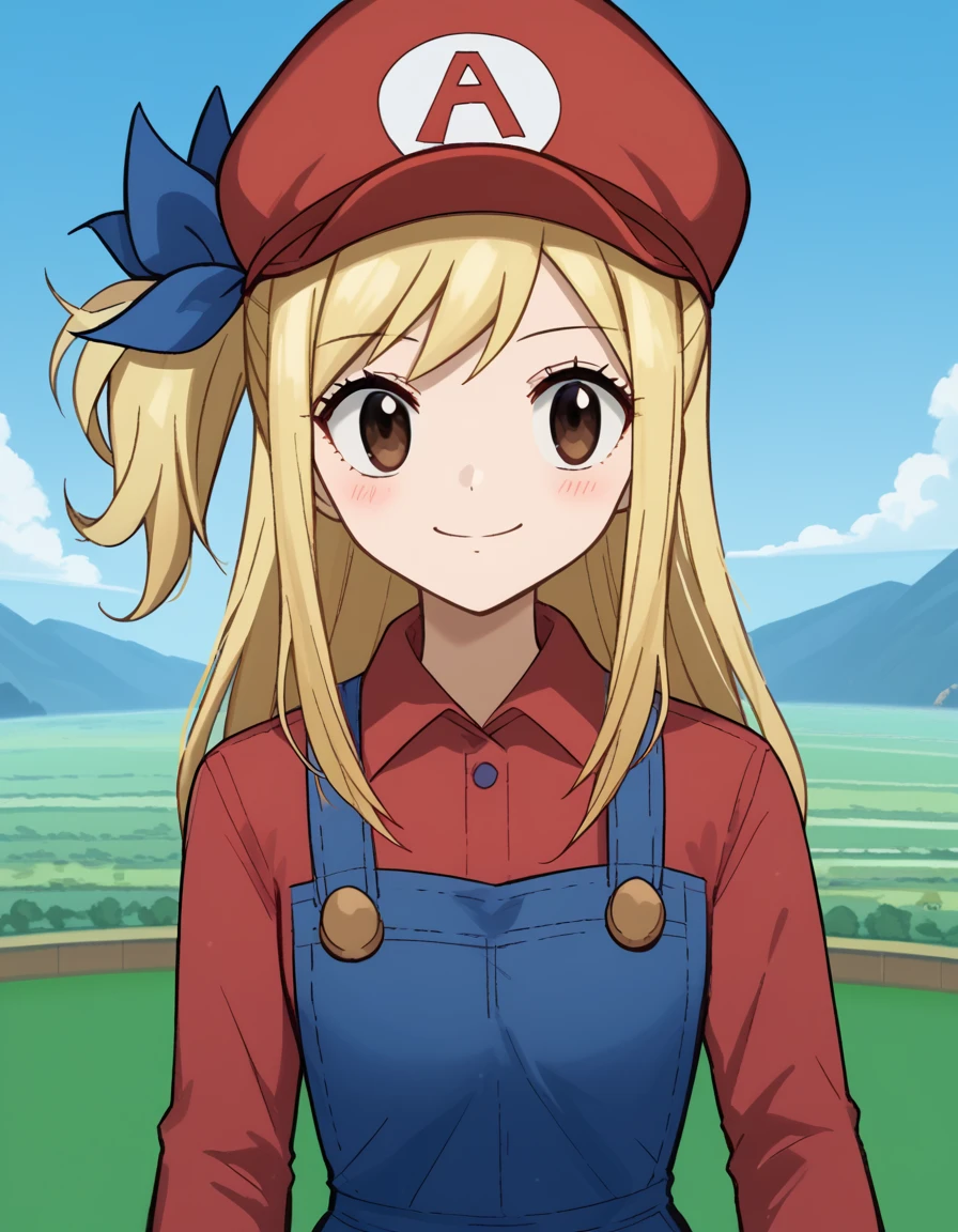 score_9, score_8_up, score_7_up, source_anime, lucyheartfilia, <lora:lucy-heartfilia-s7-ponyxl-lora-nochekaiser:1>, lucy heartfilia, blonde hair, brown eyes, long hair, one side up, ribbon, hair ribbon, blue ribbon,, <lora:mario-cosplay-ponyxl-lora-nochekaiser:1>, mariocosplay, mario \(cosplay\), blue overalls, overalls, shirt, red shirt, long sleeves, collared shirt, hat, red hat,, landscape, blush, smile,, cowboy shot, dutch angle, solo,