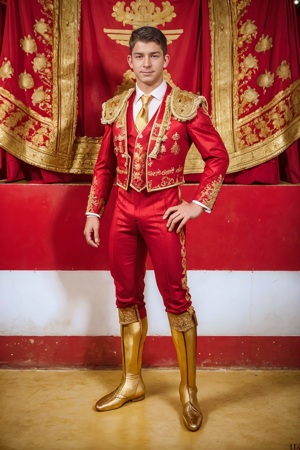 Spanish bull fighting arena, NathanStyles, slight smile, tr4j3, traje de luces, red and gold, ((full body portrait)), wide angle,  <lora:NathanStyles:0.8>  <lora:tr4j3_v3:0.6>