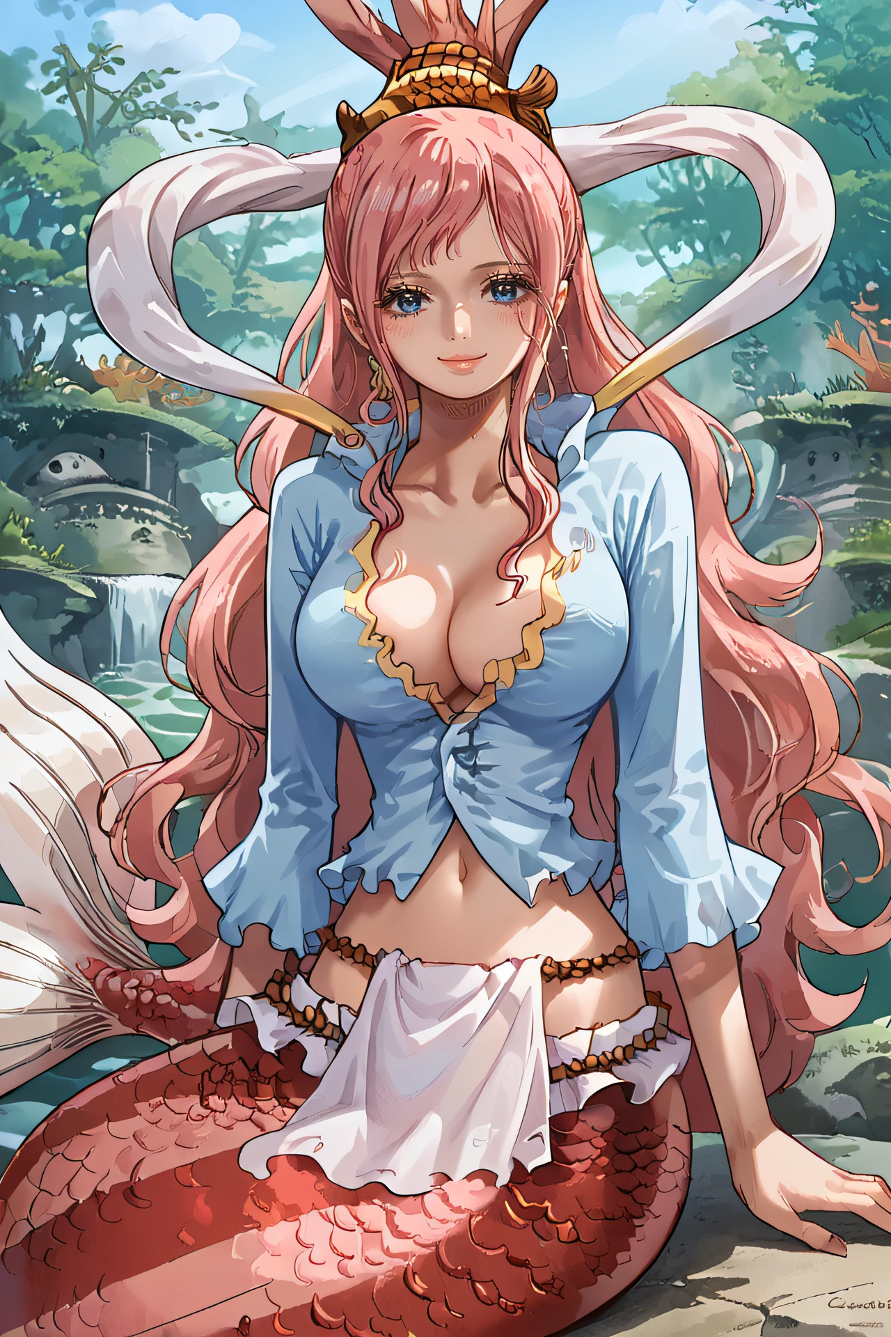 score_9, score_8_up, source_anime,
shirahoshi, very long hair, pink hair, hair rings, hair ornament, mermaid, scales,
navel, cleavage, reverie shirt, hagoromo, loincloth,
solo, sitting, pn rock, seductive smile, looking at viewer,
<lora:Smooth Style 2 SDXL_LoRA_Pony Diffusion V6 XL:0.8> <lora:shirahoshi:1>