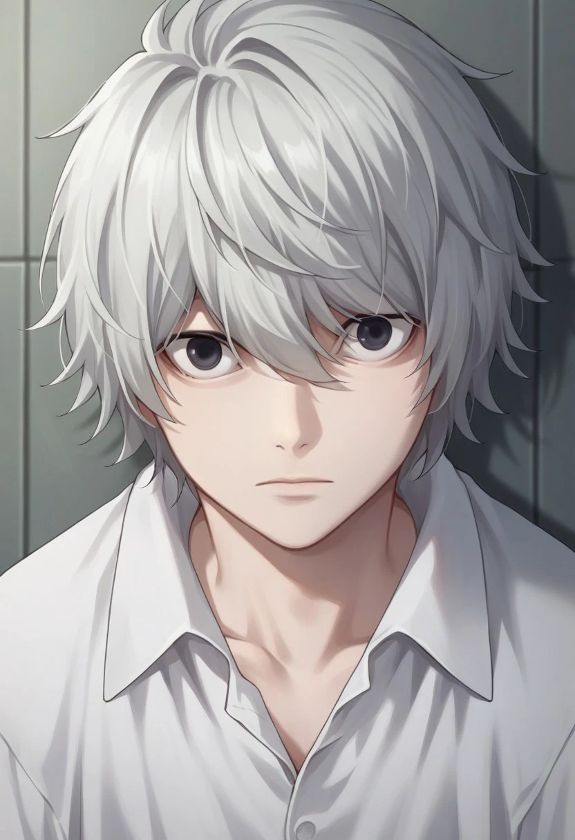 score_9, score_8_up, score_7_up, source_anime, highly detailed, 
near_dn, 1boy, solo, male focus, shirt, looking at viewer, black eyes, closed mouth, collared shirt, white hair, white shirt, upper body, expressionless, hair between eyes, pale skin,
indoor